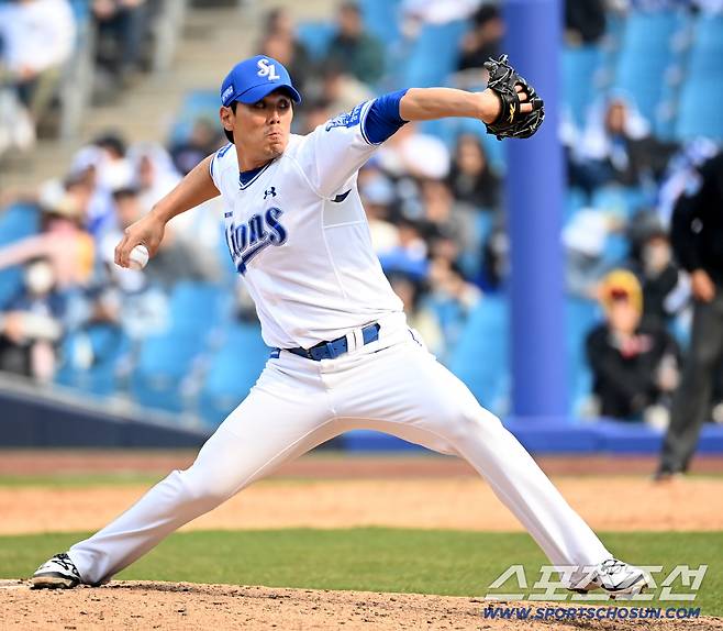 24일 대구삼성라이온즈파크에서 열린 KIA와 삼성의 시범경기. 9회초 삼성 김재윤이 역투하고 있다. 대구=허상욱 기자wook@sportschosun.com/2026.03.24/