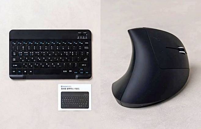 다이소몰에서 판매 중인 저소음 블루투스 키보드와(왼쪽) 저소음 버티컬 마우스. 다이소몰 캡처