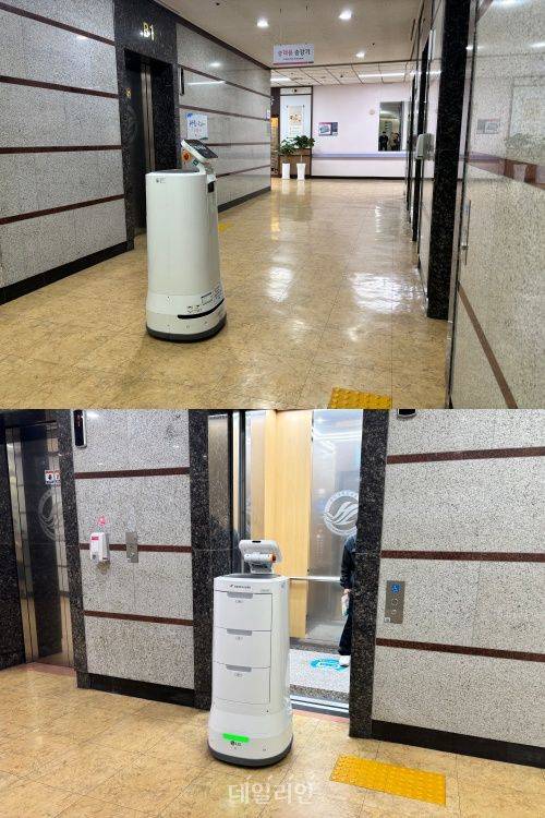 약제를 싣고 이동하는 한림대성심병원 '약제나르미', 한 노인환자가 탈 때까지 안에서 기다려주고 있다. ⓒ데일리안 김효경 기자