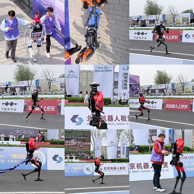 19일 중국 베이징에서 개최된 ‘베이징 이좡 휴머노이드 로봇 하프 마라톤’ 참가 로봇들이 결승선을 통과하고 있다. 신경진 특파원