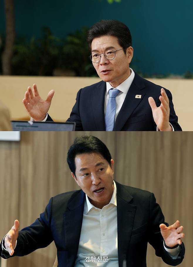 정원오 더불어민주당 서울시장 후보(위)와 국민의힘 서울시장 후보인 오세훈 서울시장. 강윤중 기자·서성일 선임기자