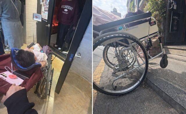 휠체어를 탄 뇌병변 장애인 이영애씨가 지난 17일 서울 종로구 대학로의 한 공연장 출입구에서 들어가지 못하고 있다. 오른쪽 사진은 이씨가 4㎝ 높이의 턱을 넘으려 하자 휠체어 앞바퀴가 들린 모습.