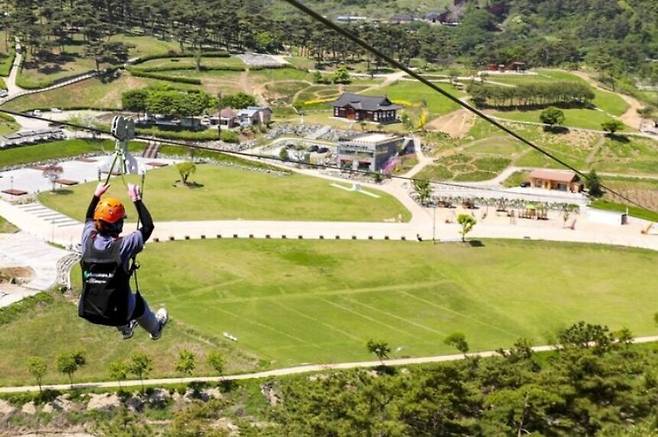 전북 정읍 산내면 구절초 지방정원을 찾은 방문객이 짚와이어를 즐기고 있다. 정읍시 제공