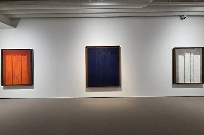 '한국현대회화 하이라이트: 모더니즘과 도전' 전시 전경 (서울=연합뉴스) 박의래 기자 = 글로벌세아 아트스페이스에서 열리는 '한국현대회화 하이라이트: 모더니즘과 도전'에 전시된 하종현의 '접합' 작품들.
[글로벌세아 아트스페이스 제공. 재판매 및 DB 금지]