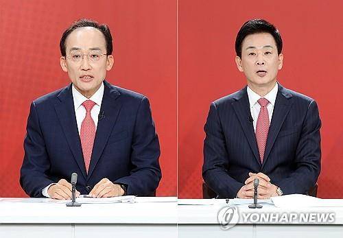 국민의힘 대구시장 후보 추경호·유영하 압축     (서울=연합뉴스) 지난 13일 대구 수성구 대구MBC에서 열린 '제9회 전국동시지방선거 국민의힘 대구시장 경선 비전토론회'에 참석한 추경호·유영하 예비후보. 2026.4.17
    photo@yna.co.kr