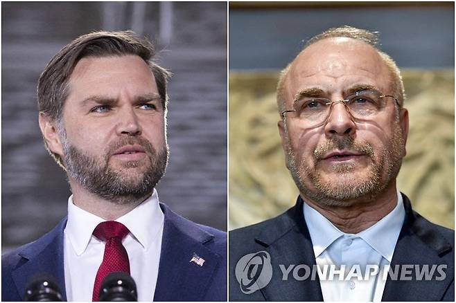 밴스 미국 부통령(왼쪽)과 모하마드 바게르 갈리바프 이란 의회 의장 [EPA·AFP=연합뉴스 자료사진. 재판매 및 DB 금지]
