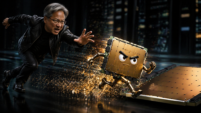 칩을 잘게 쪼개 HBM·인터커넥트 등 '통행세' 구조로 수익을 내온 기존 반도체 생태계에 맞서, 세레브라스 WSE는 단일 웨이퍼 구조와 결함 허용 설계로 수율·전력 문제를 동시에 해소했다. 데이터 이동 자체를 없애 지연·비용을 줄인 '단절 제거' 혁신이 핵심이다. /챗GPT 제작 이미지