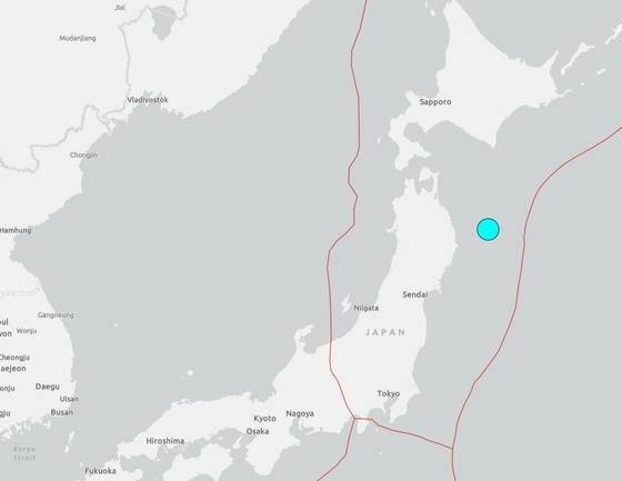20일 오후 일본 혼슈 도호쿠 지방 산리쿠 앞바다에서 규모 7.5 강진이 발생했다. (미국 지질조사국 홈페이지 캡처)