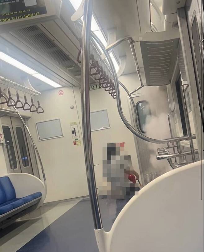 19일 경의중앙선 열차에서 소화기 분말을 뿌리는 여성. X(구 트위터) 캡처