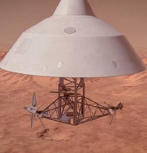 화성 탐사용 헬리콥터 3기를 장착한 스카이폴 크레인 상상도. 미국은 2028년 화성에 헬리콥터 3기를 배치해장차 유인 탐사 지역에 대한 정보를 수집하기로 했다. /사진 AeroVironment