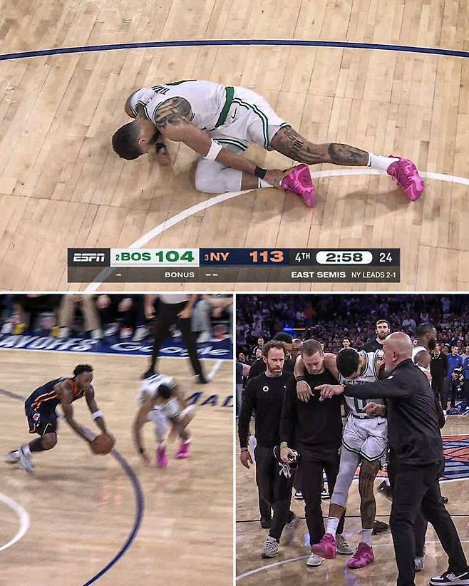 13일 뉴욕과의 PO 2라운드 4차전 막바지 오른 아킬레스건 부상을 입은 테이텀. 사진=ESPN