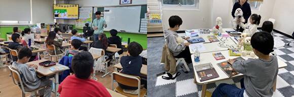 어린이들이 생명존중교육(왼쪽)과 리딩독(오른쪽) 프로그램에 참여해 뜻깊은 시간을 보내고 있다. [사진=고양시]