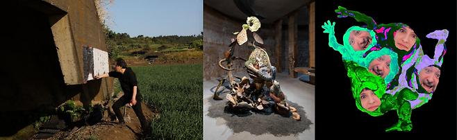 (왼쪽부터) 오카베 마사오 탁본 작업, 김정헌 ‘진화의 씨앗’, 뱅상 모리세·캐롤라인 로버트 ‘Terra’(2026). (제주도립미술관 제공)