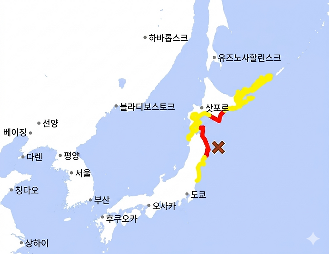▲ 일본 혼슈 동쪽 앞바다 지진으로 쓰나미 경보(빨강)·주의보(노란) [연합뉴스]