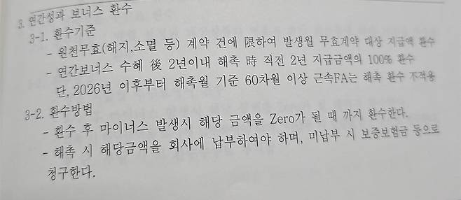 2024년, 2025년 피플라이프 규정집에 실린 연간성과 보너스 환수 내용이다. (제보자 제공)