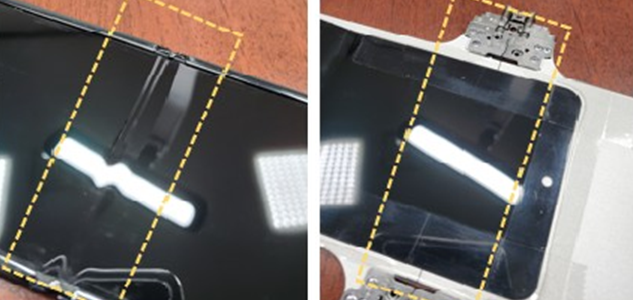 왼쪽 사진은 시판된 폴더블 스마트폰 디스플레이에서 주름이 나타난 모습. 오른쪽 사진은 KAIST 연구팀 기술로 만든 주름 없는 디스플레이다. KAIST 제공