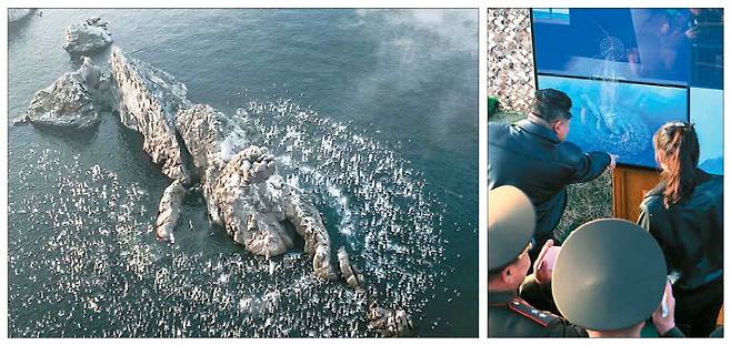 북한이 지난 19일 집속탄두와 파편지뢰탄두를 장착한 '화성-11라' 전술 탄도미사일 위력 평가를 진행했다고 조선중앙통신이 20일 보도했다. 왼쪽 사진은 함경북도 화대군 앞바다의 무인도 상공에서 미사일 탄두로부터 분리된 자탄(子彈) 수백 개가 표적 지역을 모의 공격한 상황. 오른쪽 사진은 김정은 북한 국무위원장과 딸 주애(앞줄 오른쪽)가 화면을 통해 미사일 발사 결과를 지켜보는 모습. 조선중앙통신·연합뉴스