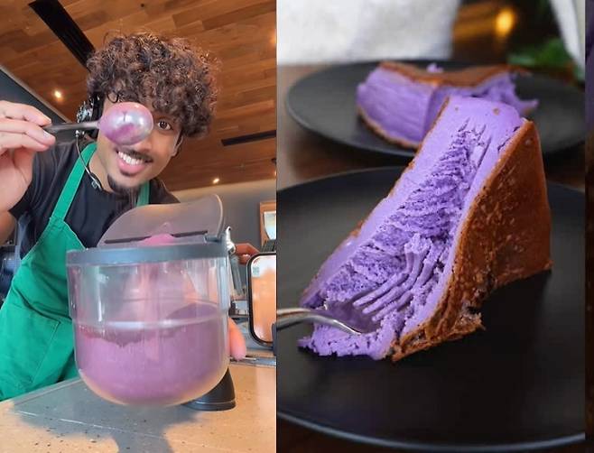 미국 스타벅스의 우베 라테(왼쪽), 우베 치즈 케이크 [스타벅스 SNS, 유튜브]