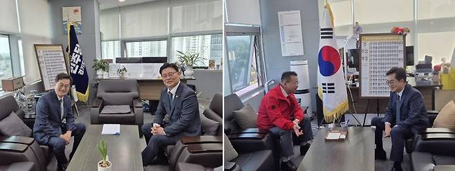 [수원=뉴시스] 이병희 기자 = 김동연 경기도지사가 도정에 복귀한 20일 경기도의회 최종현 민주당 대표의원, 백현종 국민의힘 대표의원을 찾아가 만나고 있다. 2026.04.20. iambh@newsis.com *재판매 및 DB 금지