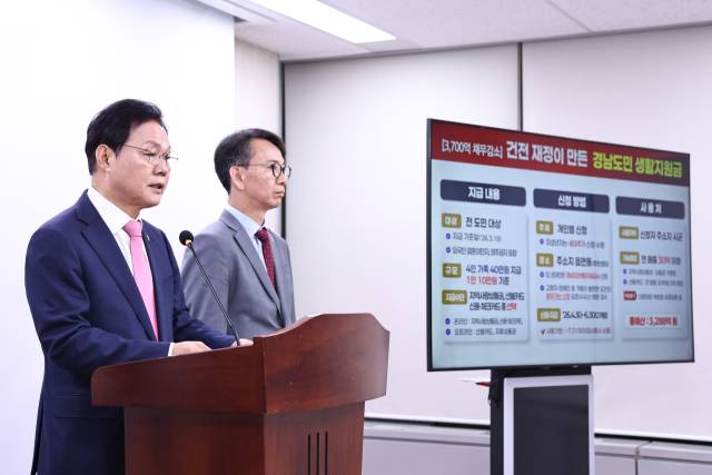 박완수 경남도지사가 21일 경남도청 프레스센터에서 '경남도민 생활지원금' 지급 계획 브리핑을 하고 있다./경남도/