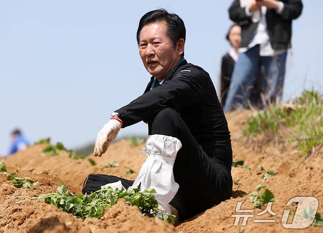 정청래 더불어민주당 대표가 21일 오후 경남 통영 욕지도 한 고구마 재배 현장을 찾아 고구마 순을 심은 뒤 휴식을 취하고 있다. 2026.4.21 ⓒ 뉴스1 윤일지 기자