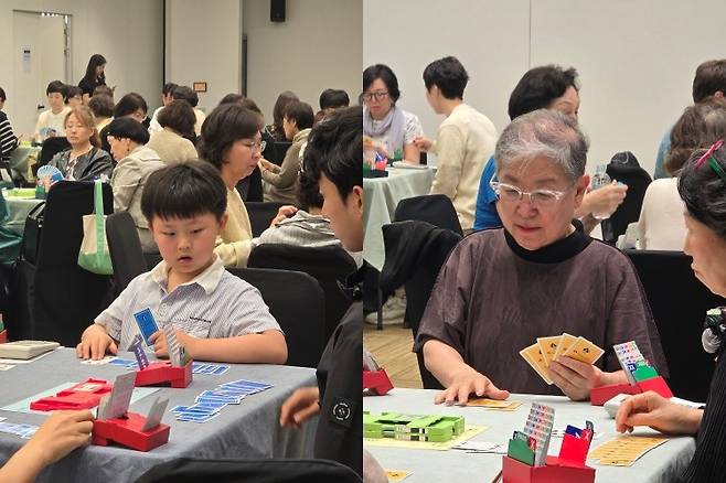 부산 농심호텔에서 열린 제3회 부산광역시 브리지 페어 토너먼트는 세대를 아우르는 승부의 현장이었다. 2018년에 태어난 최연소 초등학생 참가자 박준모 군(왼쪽 사진)과 80세 최고령 참가자 배경희 씨가 브리지 게임에 집중하고 있다. 한국브리지협회 제공
