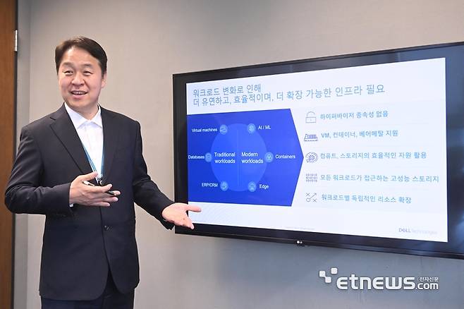 이경근 델코리아 전무가 '델 프라이빗 클라우드(DPC)'을 앞세운 프라이빗 클라우드 시장 공략을 위한 전략에 대해 설명하고 있다. (사진=박지호 기자)