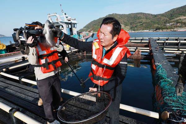 더불어민주당 정청래 대표가 21일 경남 통영시 욕지도 한 양식장을 방문해 틀채로 잡은 우럭을 살펴보고 있다.  연합뉴스