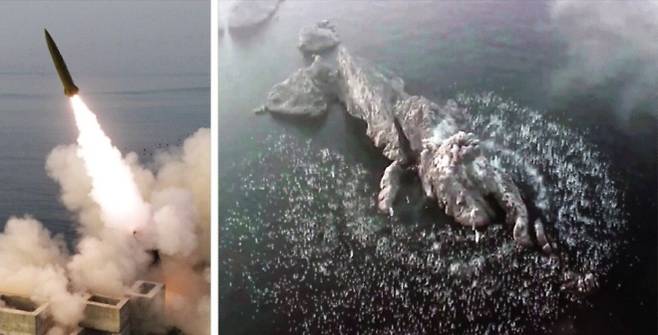 北 집속탄 시험 발사 도발 - 북한 노동신문은 20일 미사일총국이 전날 함경남도 신포에서 집속탄두를 장착한 지상대지상전술탄도미사일 ‘화성포-11라’형의 전투부위력평가를 위한 시험 발사를 진행했다고 보도하며 발사 장면(왼쪽 사진) 등이 담긴 사진을 공개했다. 오른쪽 사진은 탄두에서 떨어져 나온 자탄(子彈)들이 함경북도 앞바다에 위치한 표적인 알섬 주변으로 소용돌이치듯 쏟아지는 모습. 평양 노동신문·뉴스1