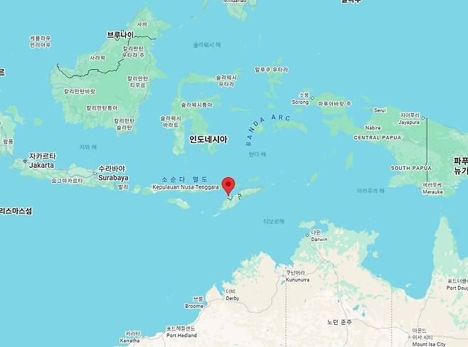 인도네시아 티모르섬 앞바다 규모 5.5 지진…"쓰나미 위험 없어" [구글 지도 캡처. 재판매 및 DB 금지]