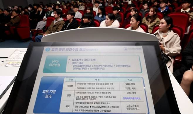 ▲ 2024년 11월27일 인천 미추홀구 인하공업전문대학 4호관에서 열린 '2024 교명 변경 재학생 설명회'에 참석한 재학생들이 김성찬 인하공업전문대학 총장에 설명을 듣고 있다. 전국 전문대학 130곳 중 교명에 '전문'이란 글자가 붙은 학교는 인하공전을 포함해 명지전문대와 경북전문대, 영진전문대 등 4곳에 불과하다. /이재민 기자 leejm@incheonilbo.com