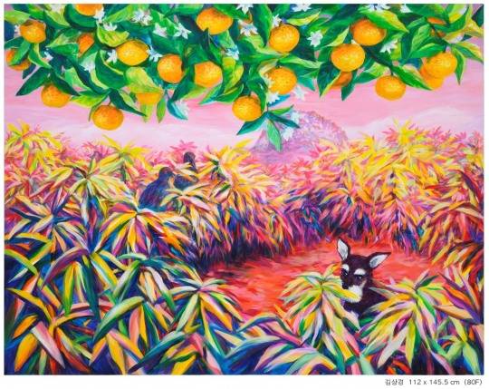 하귤나무와 초코비와 두마리 까마귀, 112x145.5cm, 캔버스에 아크릴, 2026