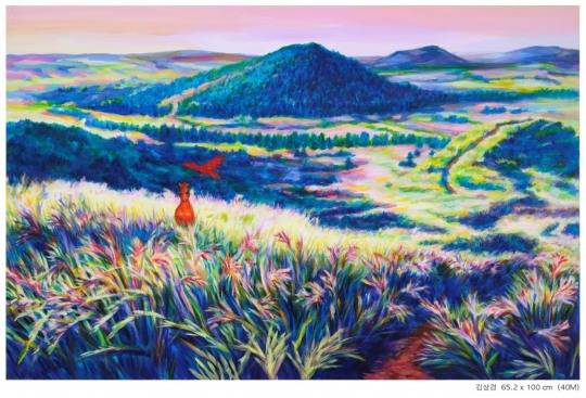 따라비오름과 붉은새와 붉은말1, 65.2x100cm, 캔버스에 아크릴, 2026