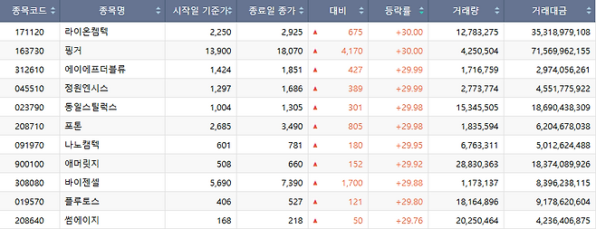 22일 코스닥 시장 상한가 종목.(출처=한국거래소)