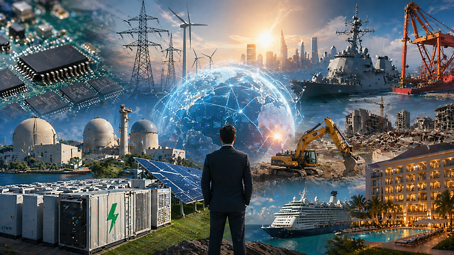 반도체 중심에서 에너지·인프라·방산·관광으로 확산되는 산업 구조 변화와 글로벌 재건 수요를 반영한 새로운 주도주 흐름을 시각화했다. 출처=챗GPT