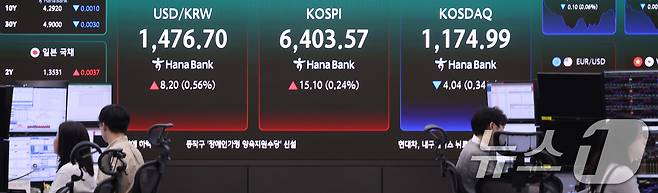 22일 오전 서울 중구 하나은행 딜링룸에 시황이 나오고 있다.  2026.4.22 ⓒ 뉴스1 조연우 인턴기자