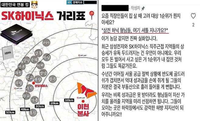 최근 일부 온라인 커뮤니티를 중심으로 삼성전자, SK하이닉스 캠퍼스와 주요 거주지 간 접근성, 셔틀버스 노선이 지나는 지 여부 등이 활발히 공유되고 있다. /온라인 커뮤니티 캡처