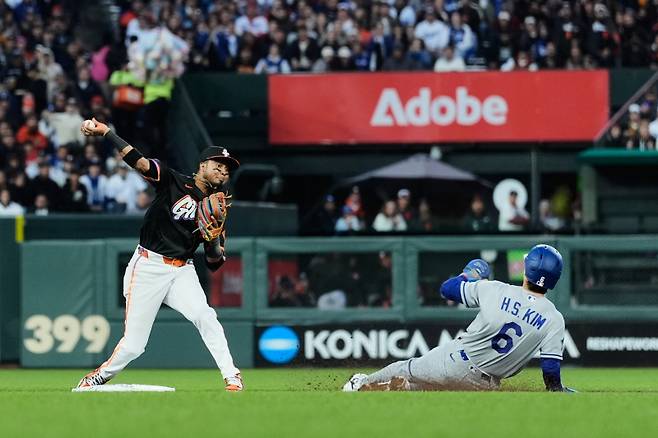 <yonhap photo-3526=""> San Francisco Giants second baseman Luis Arraez, left, throws to first for a double play after forcing out Los Angeles Dodgers' Hyeseong Kim (6) at second during the fourth inning of a baseball game Tuesday, April 21, 2026, in San Francisco. (AP Photo/Godofredo A. V?squez)/2026-04-22 12:43:25/ <저작권자 ⓒ 1980~2026 ㈜연합뉴스. 무단 전재 재배포 금지, AI 학습 및 활용 금지></yonhap>