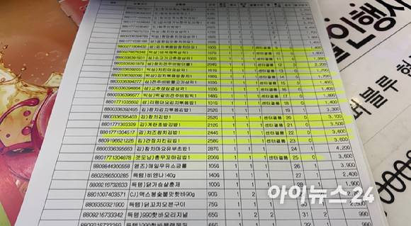 22일 서울의 한 편의점 CU 점포의 매입전표에 '센터결품'이 표기된 모습. 노란색으로 색칠된 리스트는 발주를 했음에도 공급받지 못한 상품이다. [사진=진광찬 기자]