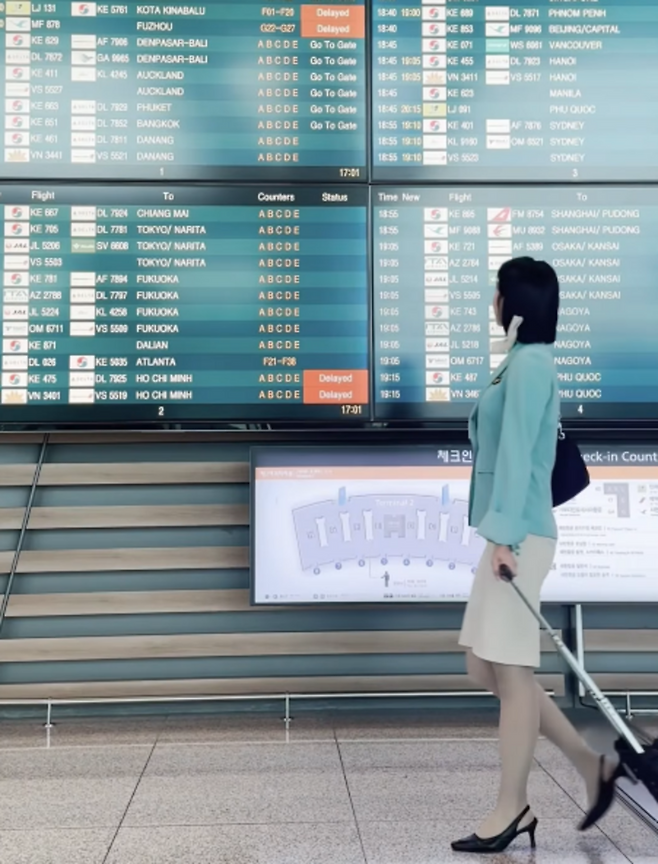 대한항공 객실 승무원이 굽 있는 구두를 신고 공항을 이동하고 있다. 기존 복장 규정은 단정한 외형과 통일된 이미지를 중시해 왔다. (대한항공 SNS)