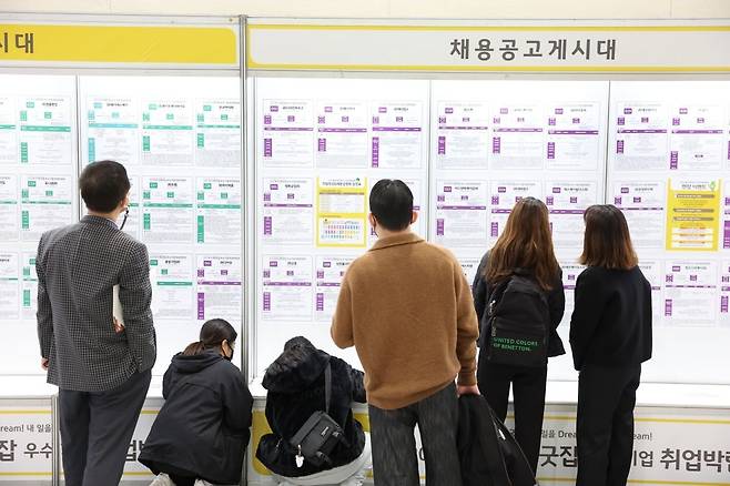 한 우수기업취업박람회에서 취업준비생들이 채용공고 게시판을 보고 있다. 사진=한국경제신문