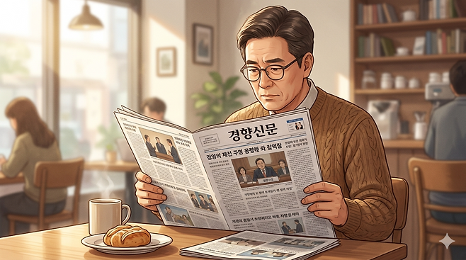 구글의 이미지 생성 모델 나노 바나나가 ‘경향신문을 읽는 사람의 모습을 일러스트로 그려달라’는 주문에 내놓은 이미지. 종이신문의 모양이 조금 더 자연스럽다. 일러스트|나노바나나