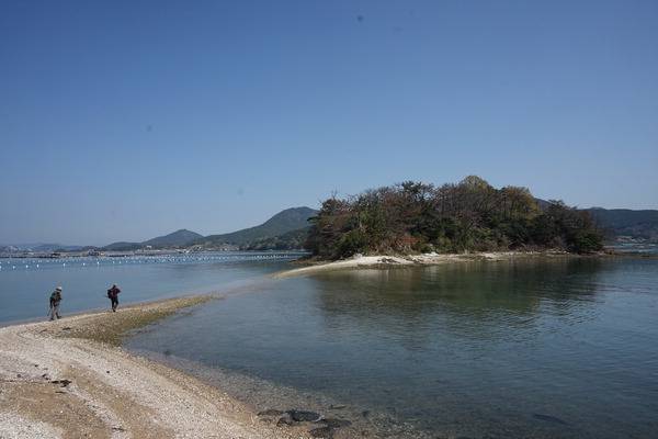 화도항 선착장에서 바닷물이 빠져야만 건너 갈 수 있는 목도.