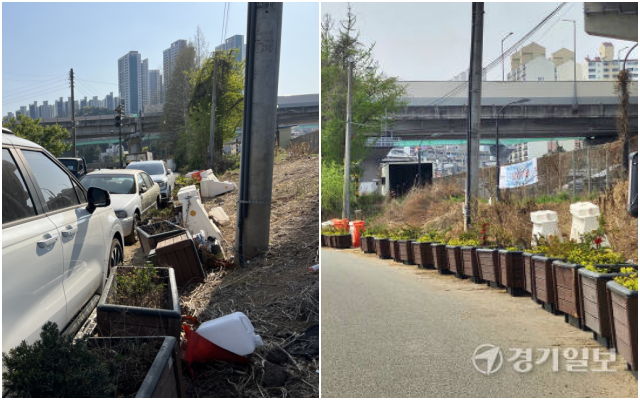 용인특례시 기흥구 신갈IC 공영주차장 뒤편 도로에 차량 주정차를 막기 위해 설치했던 화단이 무용지물이 된 채 방치되고 있다.(왼쪽), 용인특례시 기흥구가 2024년 4월15일 신갈IC공영주차장 뒷길 무더기로 주정차됐던 차량들을 정리하고 화단을 설치해 미관을 개선했던 모습. 경기일보DB