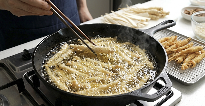 도라지를 기름에 튀기면 쓴맛은 줄고 바삭한 식감과 고소한 풍미가 더해져 아이들 간식은 물론 맥주 안주로도 어울린다.&nbsp;구글 제미나이 생성 이미지