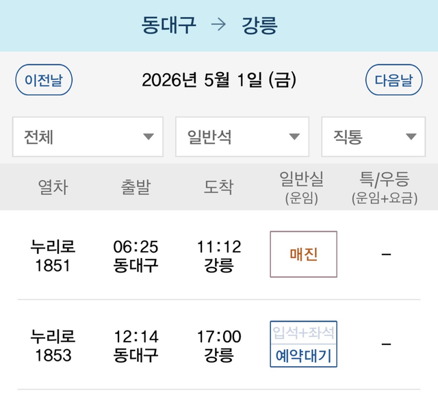 동대구~강릉 노선 역시 오는 5월1일 매진과 예약대기 상태를 보이고 있다.