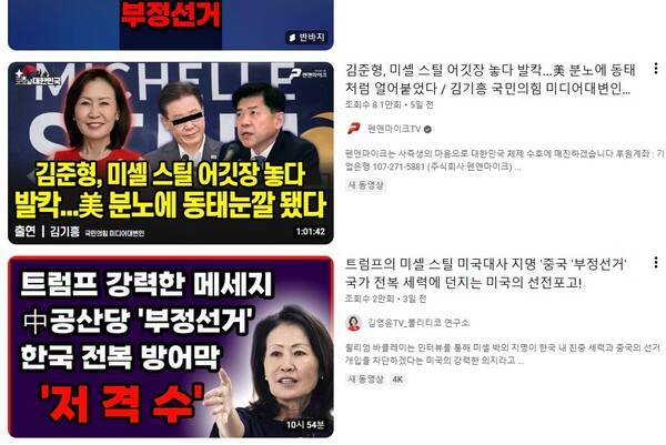 유튜브에는 미셸 박 스틸&nbsp;주한미국대사 내정자에 대한 극우 성향 영상이 다수 올라와 있다