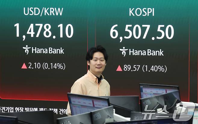 코스피가 연일 최고치를 경신하며 상승 출발한 23일 오전 서울 중구 하나은행 딜링룸 전광판에 코스피 지수가 표시되고 있다. 이날 코스피는 전 거래일 대비 70.90포인트(1.10%) 상승한 6488.83에 개장했다. 2026.4.23 ⓒ 뉴스1 임지훈 인턴기자