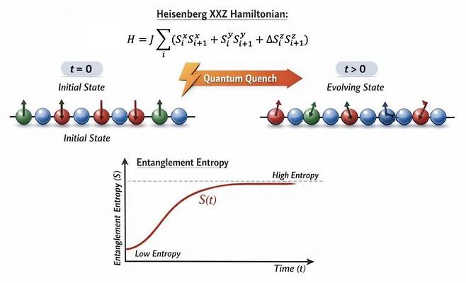 양자 퀀치 동역학 모식도. 초기 상태(t=0)에서 양자계에 변화(퀀치)를 가하면 시간이 지나면서 상태가 변화하며, 이 과정에서 입자 간 얽힘(entanglement)이 증가한다. 아래 그래프는 시간에 따라 얽힘 엔트로피가 증가하다가 일정 수준에 도달하는 과정을 나타낸다. 연구진 제공