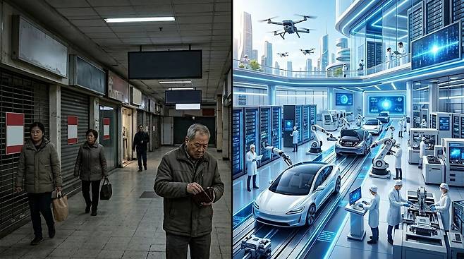 중국의 흔들리는 경제, 질주하는 기술. 젠스파크 생성 이미지